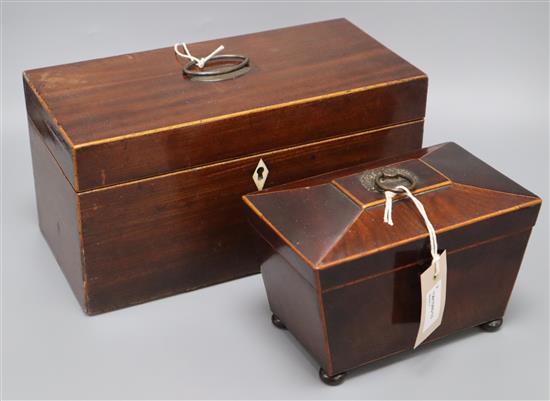 A 19th century mahogany tea caddy with two-division interior and glass bowl and a small sarcophagus tea caddy (faults) largest 30 x 15.